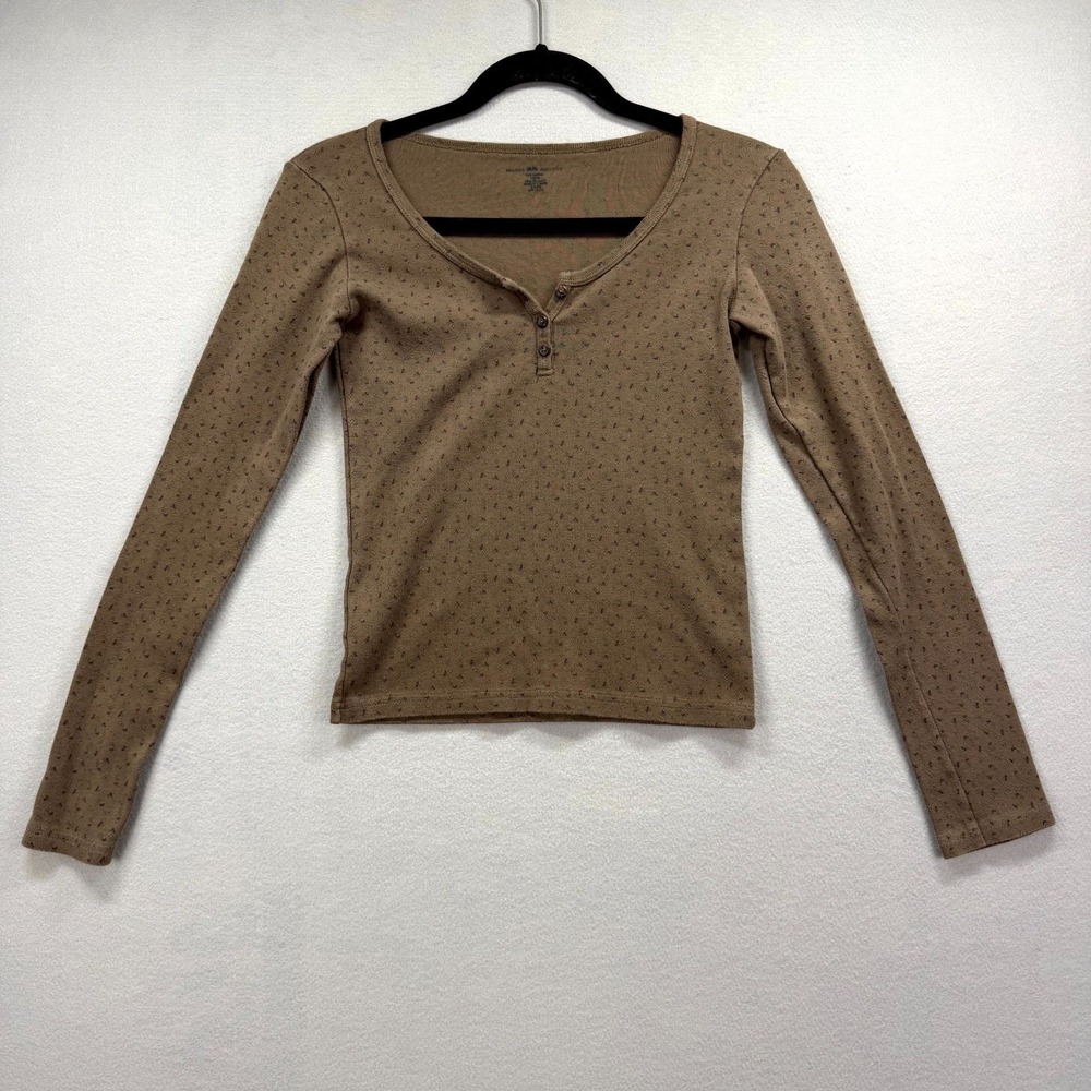 Brandy Melville Crop Henley Shirt Women 27 Brown Floral Pointelle Zelly Pullover